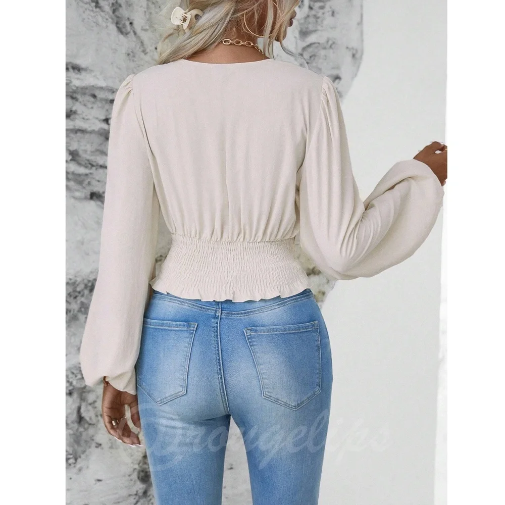 Beige V-Neck Long Lantern Sleeve Ruched Top Shirt Blouse - Picture 3 of 9